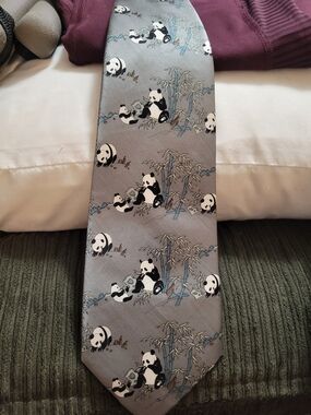 Panda Pattern Gray Silk Tie - Unbranded